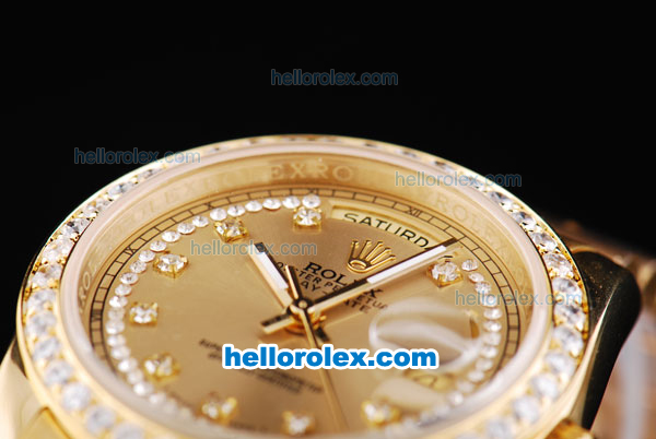 Rolex Day Date Oyster Perpetual Automatic Movement Full Gold with Gold Dial and Diamond Markers-Diamond Bezel - Click Image to Close